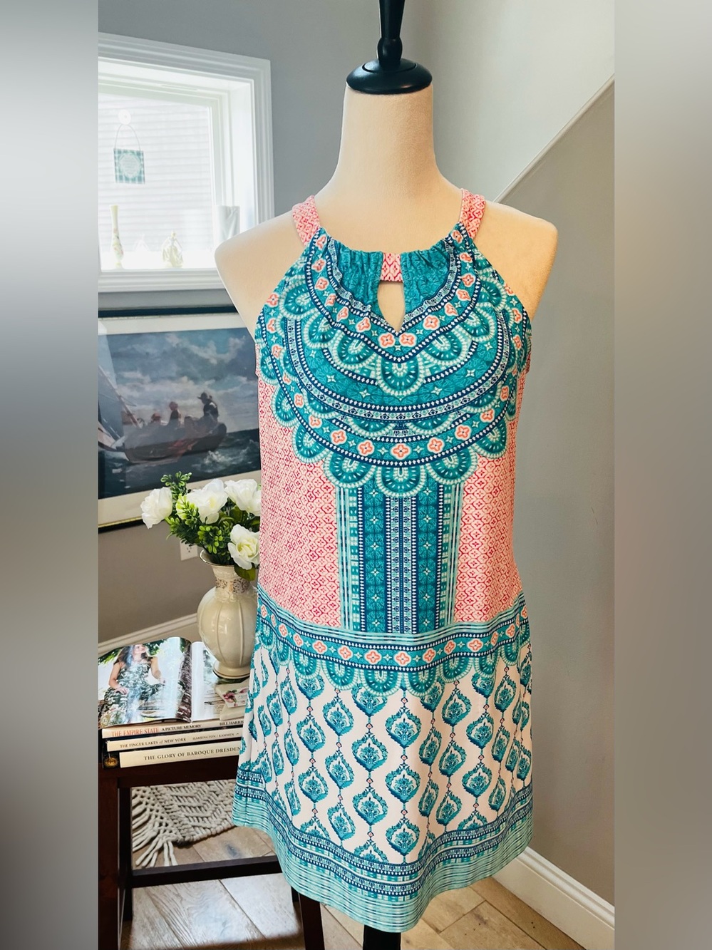CABANA LIFE Dress SANTORINI Shift Sleeveless Geo Print UPF 50+ Blue/Pink SMALL